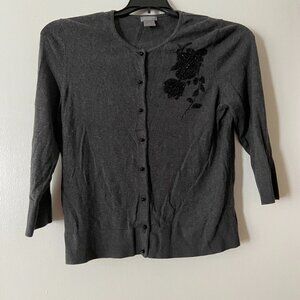 Ann Taylor Large Petite Lp Grey 3/4 Sleeve Cardigan With Black Bead Embroidery
